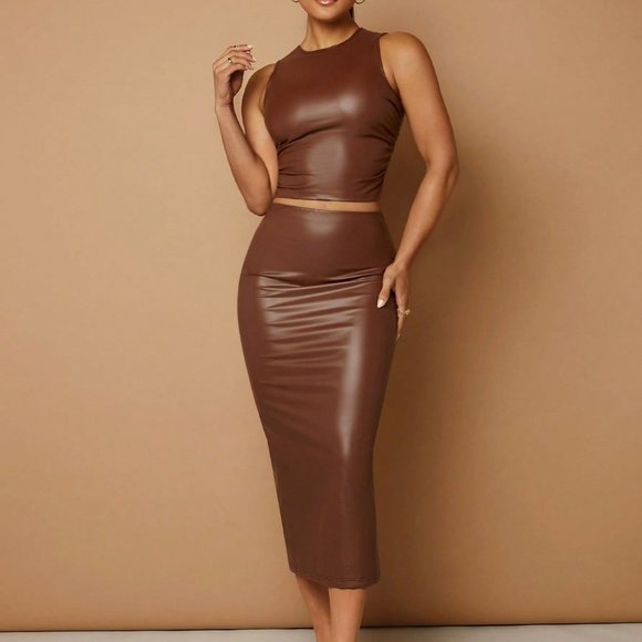 Contemporary PU Leather Tank Top & Pencil Skirt Brown - Picture 4 of 5